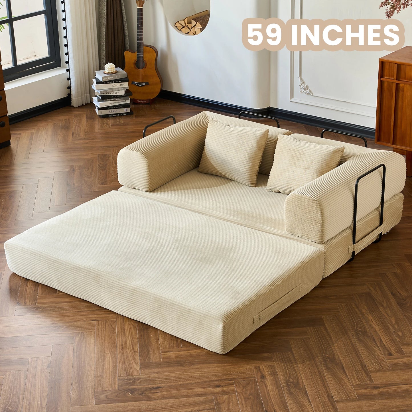 Foldable Convertible Futon Sofa Bed With L Shaped Armrests For Small Spaces Corduroy Upholstery High Density Foam-A