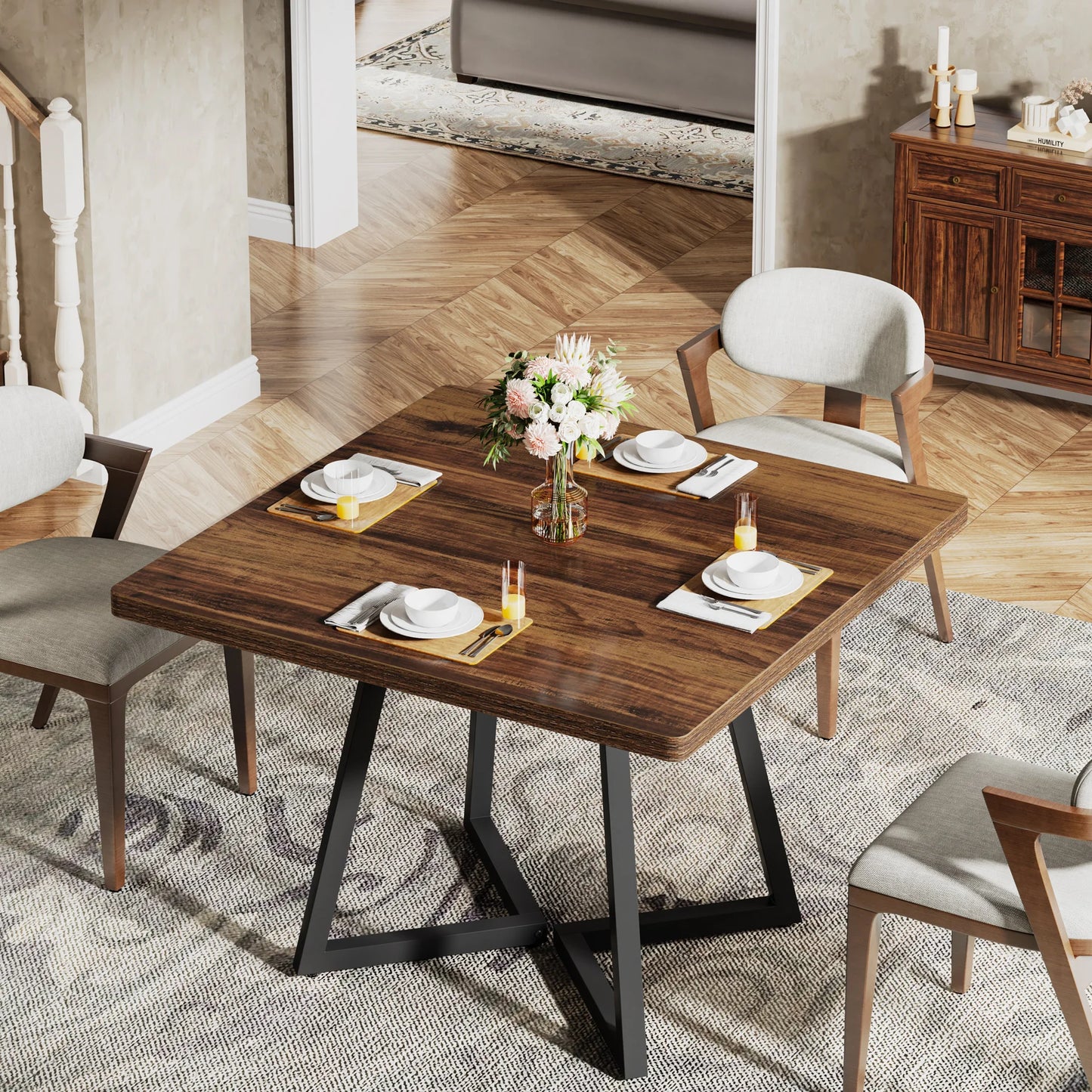 Tribesigns Industrial Wood Top Dining Table With Metal Base Square Rustic Chic Kitchen Table 2 To 4 Seats-A