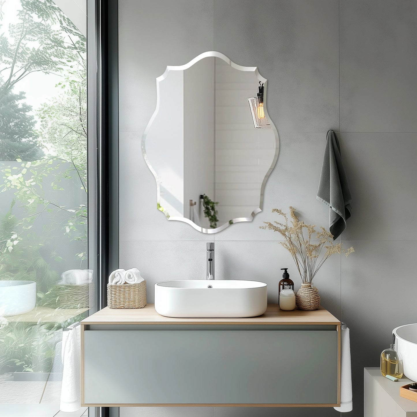 Wisfor Scalloped Frameless Wall Mirror With Beveled Edge Polished Finish For Bathroom Living Room Vanity Bedroom-A