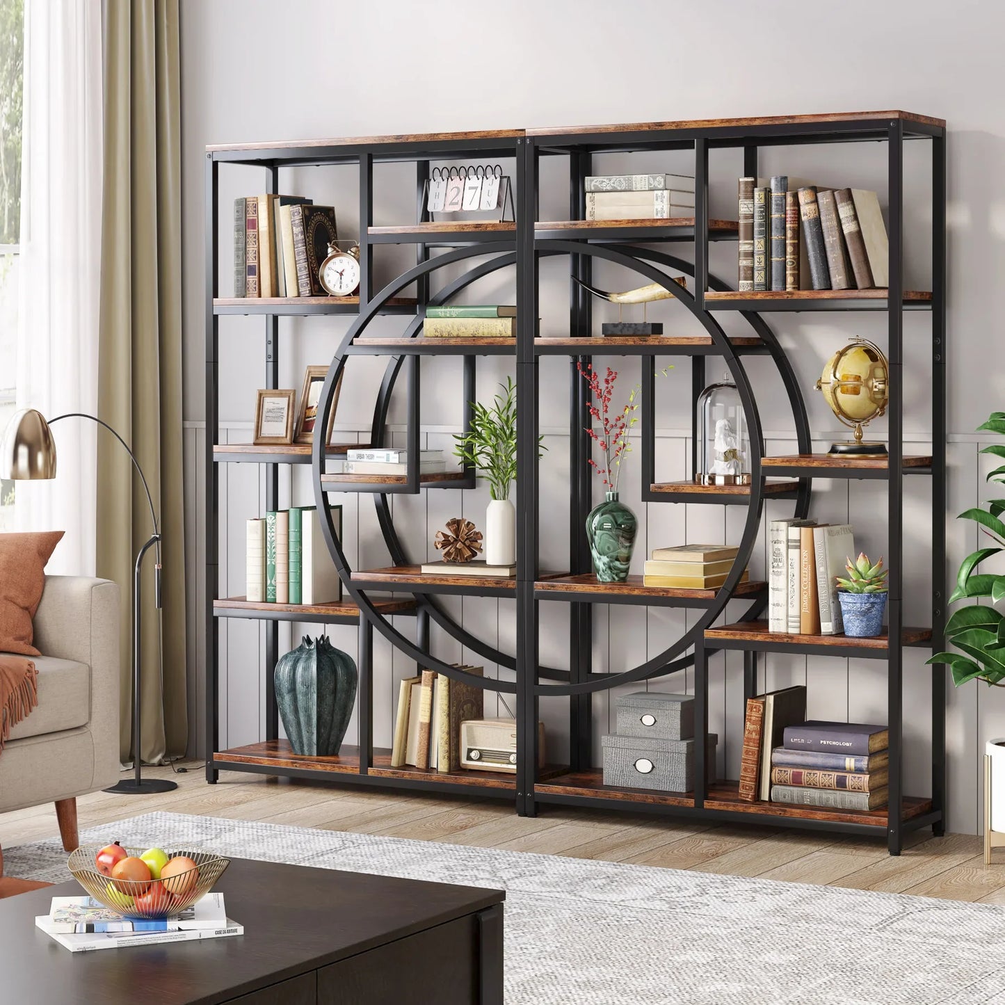 Tribesigns Industrial 5 Tier Etagere Bookcase Freestanding Shelf Black Iron Rustic Wood-A