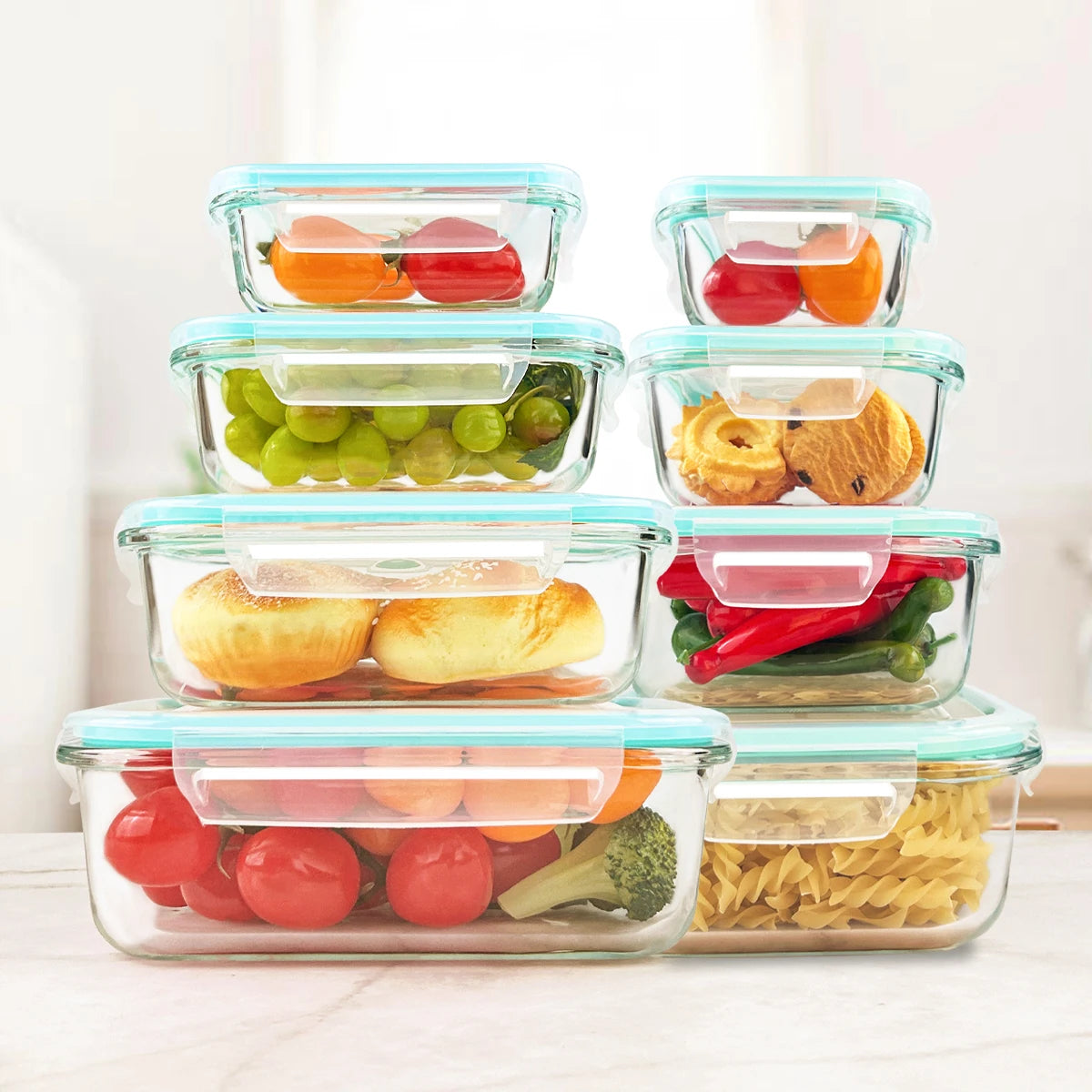 Glass Food Storage Containers Set 8 Piece Leakproof Airtight Microwave Oven Safe Borosilicate Glass-A