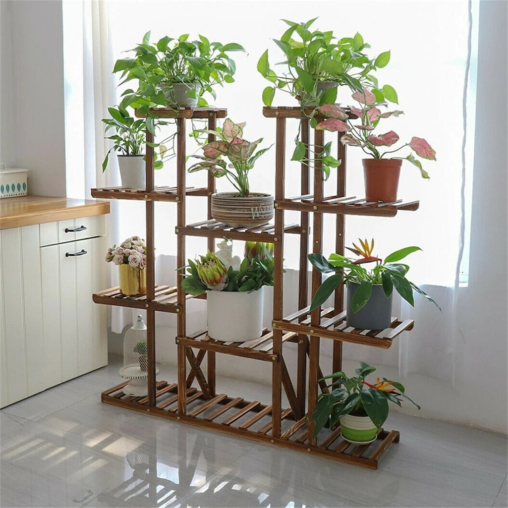 UNHO 46 Inch Multi Tier Plant Stand Wood Flower Rack 16 Pot Display Shelves Indoor Outdoor Patio Garden-A