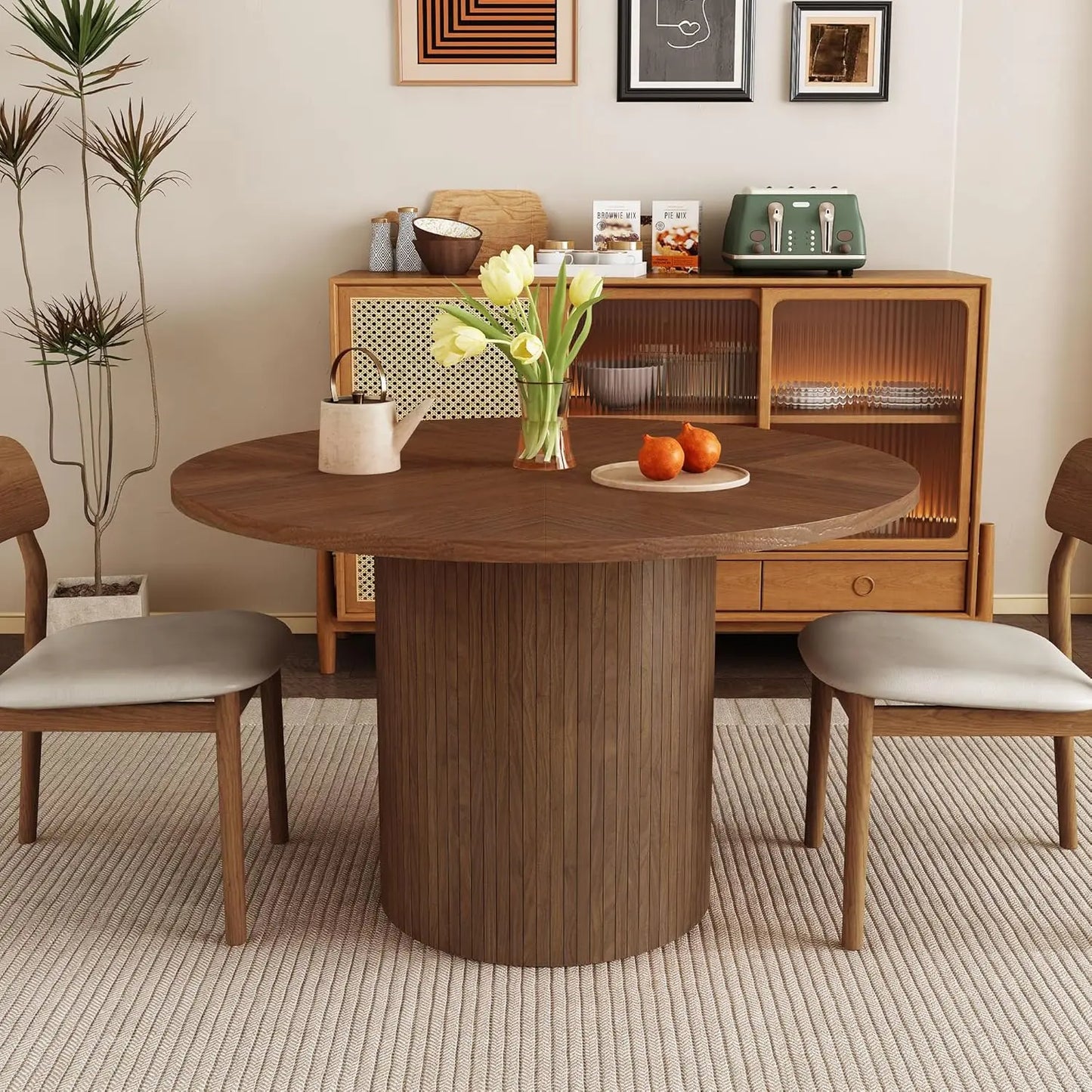 Extendable Round To Oval Dining Table With Hidden Storage Cabinet For Four To Six Guests Space Saving Modern Wood-A