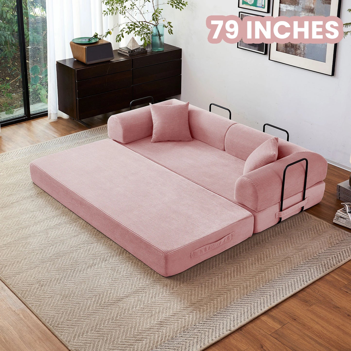 Foldable Convertible Futon Sofa Bed With L Shaped Armrests For Small Spaces Corduroy Upholstery High Density Foam-A