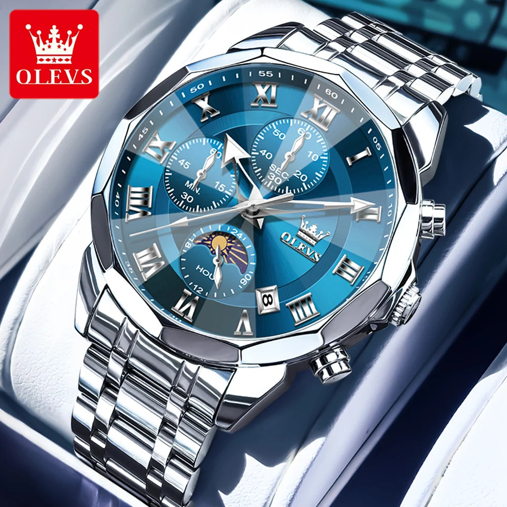 OLEVS Men's Chronograph Moonphase Watch Stainless Steel Waterproof With Quartz Movement Auto Date Full Calendar-A