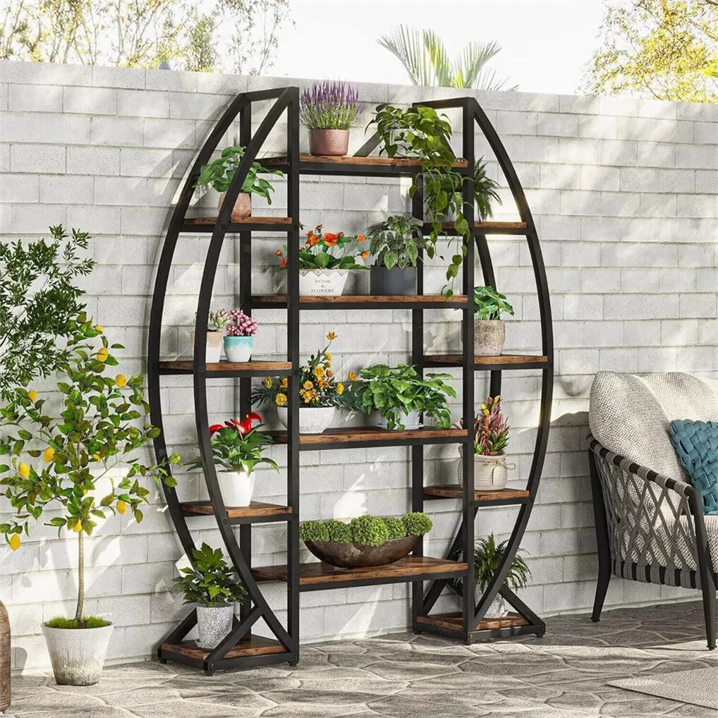 Wisfor Oval Bookshelf Plant Stand 5 Tier Etagere Half Moon Shaped Industrial Display Shelves For Living Room-A