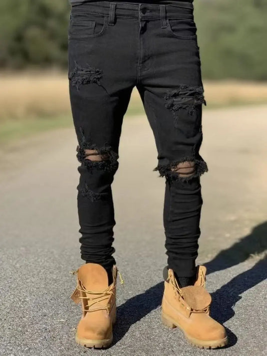 Ripped Skinny Jeans for Men Distressed Denim Streetwear Style