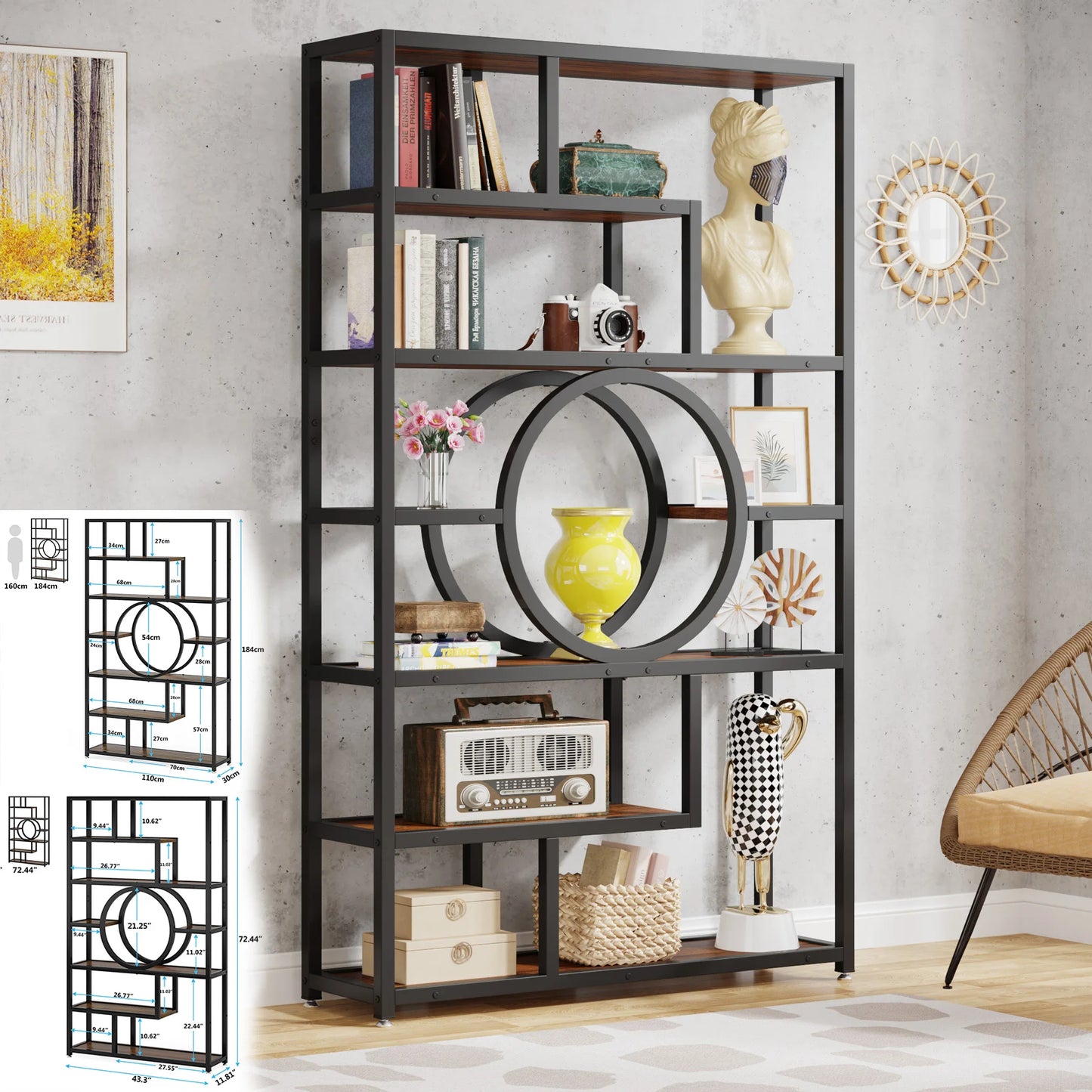 Tribesigns Industrial 5 Tier Etagere Bookcase Freestanding Shelf Black Iron Rustic Wood-A