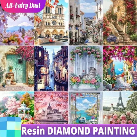 Fairy Dust Resin 5D Diamond Painting Kit Town Full Square Drill Velvet Canvas With Dense Coverage-A