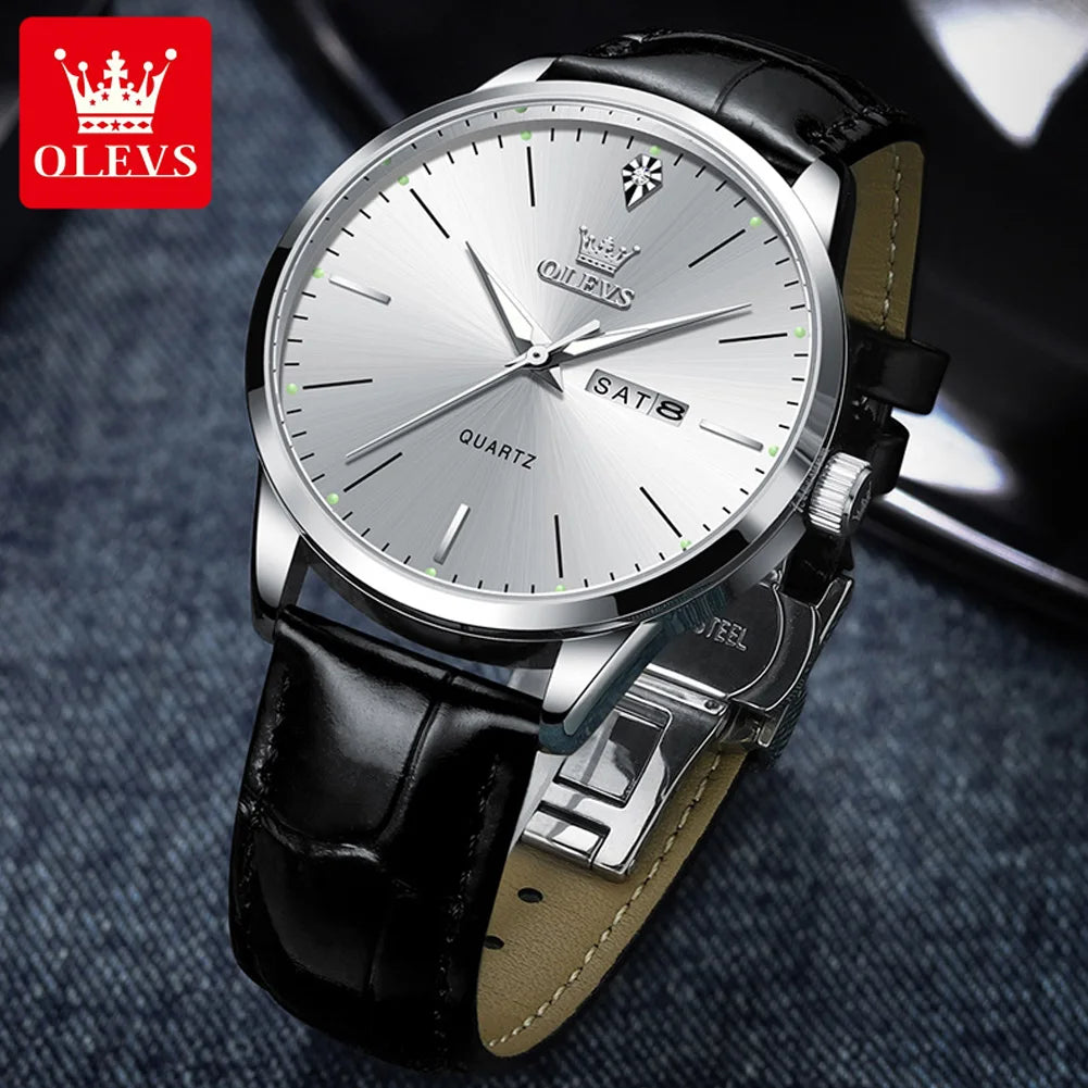 OLEVS Men Quartz Watch With Dual Calendar Auto Date Leather Strap Water Resistant Luminous Hands-A