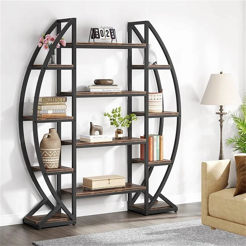 Wisfor Oval Bookshelf Plant Stand 5 Tier Etagere Half Moon Shaped Industrial Display Shelves For Living Room-A