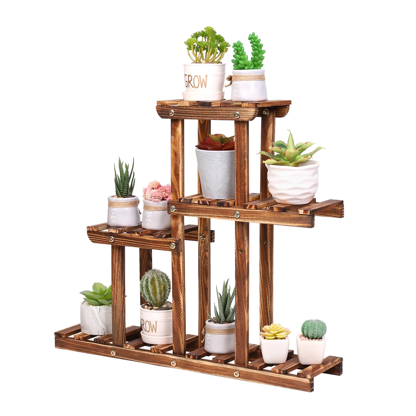 Carbonized Wood Plant Stand Four Tier Succulent Rack Mini Desktop Plant Holder for Outdoor Balcony Garden-A