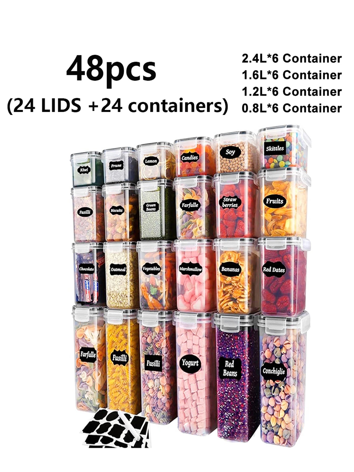 Sealed Food Storage Containers With Lids 48 Piece Pantry Jars Set For Dry Goods And Snacks-A