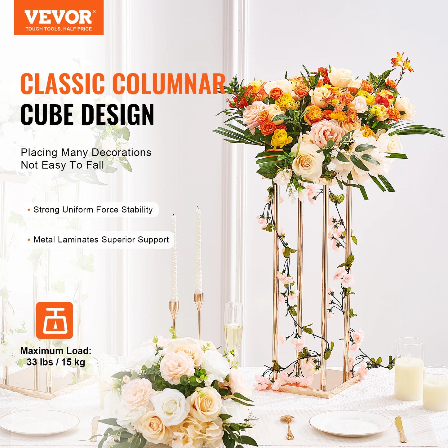 SucceBuy Metal Column Wedding Flower Stand Centerpiece With Durable Iron Frame And French Gold Finish-A