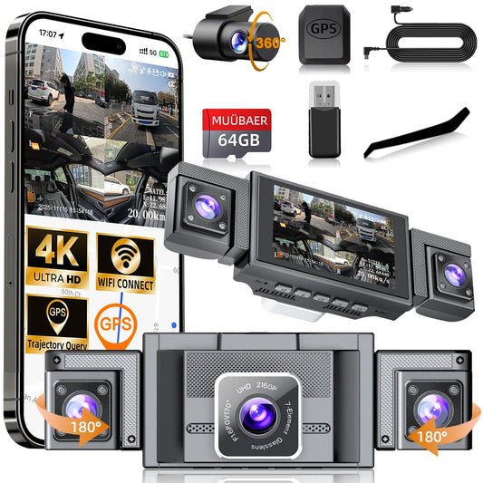 MUÜBAER 4K 360 Dash Cam 4-Channel With GPS 5Ghz WiFi