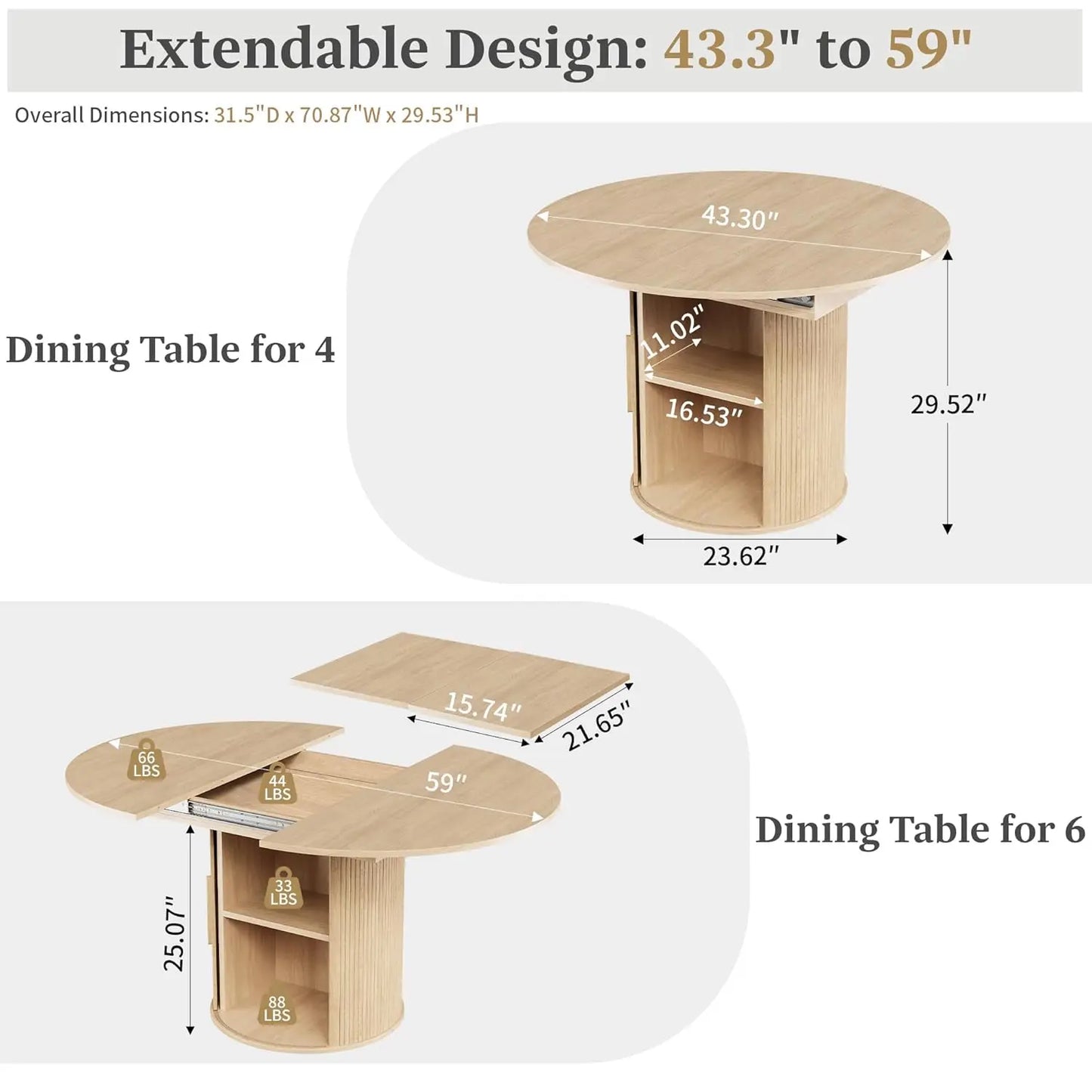 Extendable Round To Oval Dining Table With Hidden Storage Cabinet For Four To Six Guests Space Saving Modern Wood-A