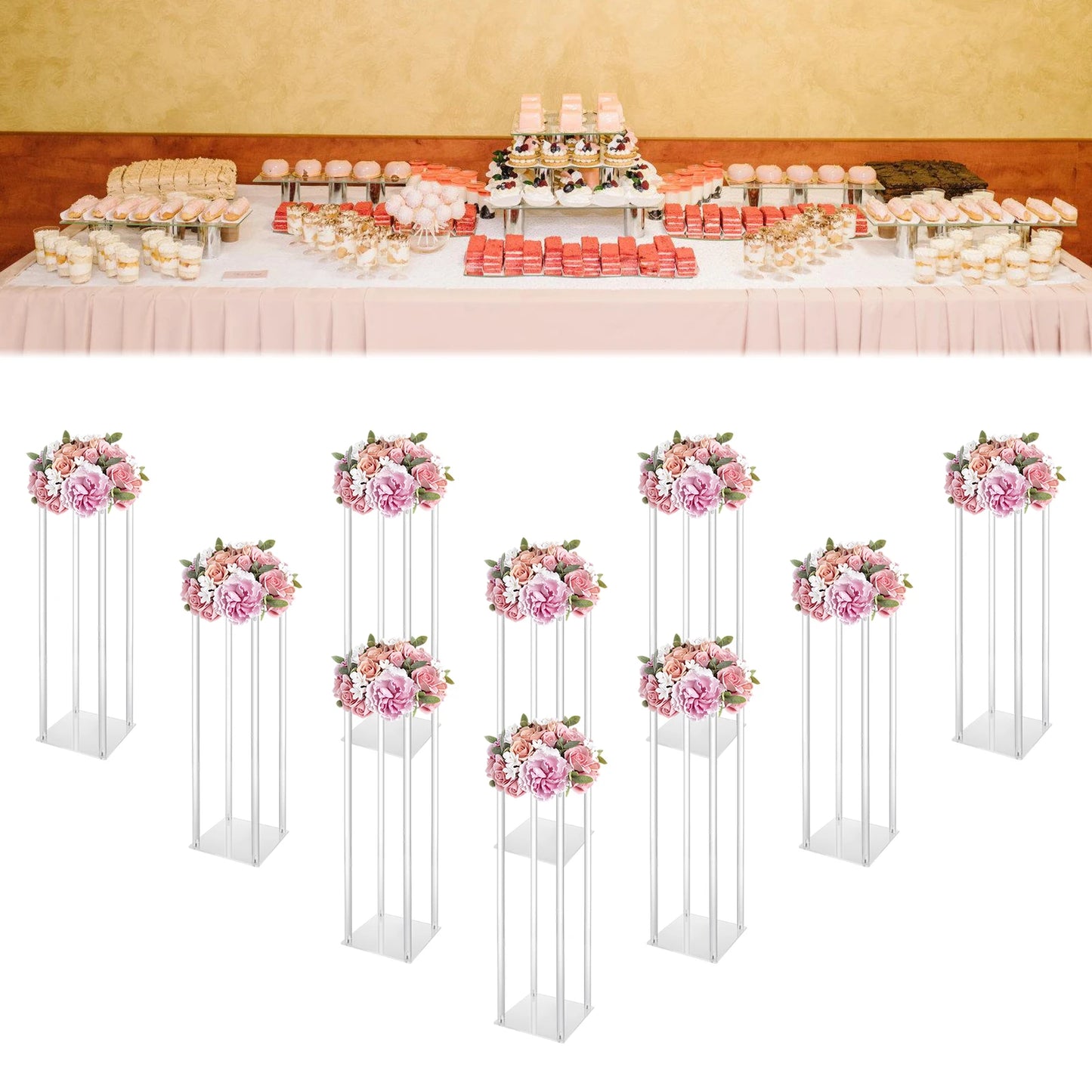 Acrylic Vase Centerpieces Set Of 10 Free Standing Crystal Clear Column Stands For Weddings-A