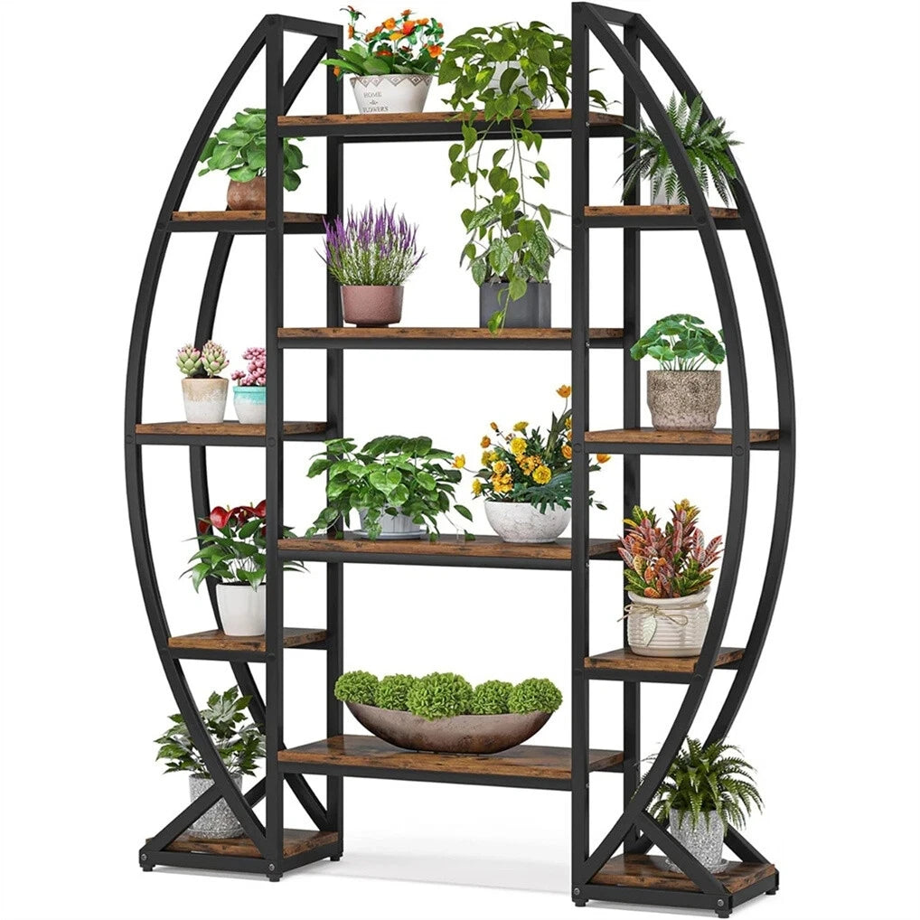 Wisfor Oval Bookshelf Plant Stand 5 Tier Etagere Half Moon Shaped Industrial Display Shelves For Living Room-A