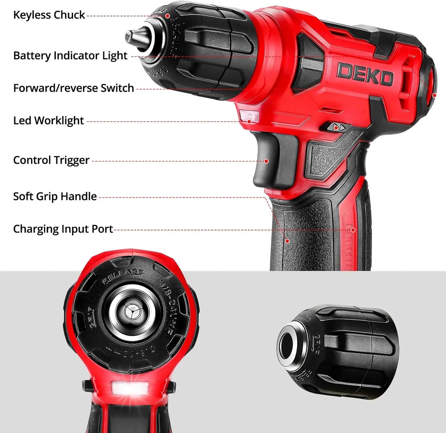 Deko 126 Piece Drill Set With 8V Cordless Drill USB C Rechargeable Lightweight Home Tool Kit 800 RPM-A