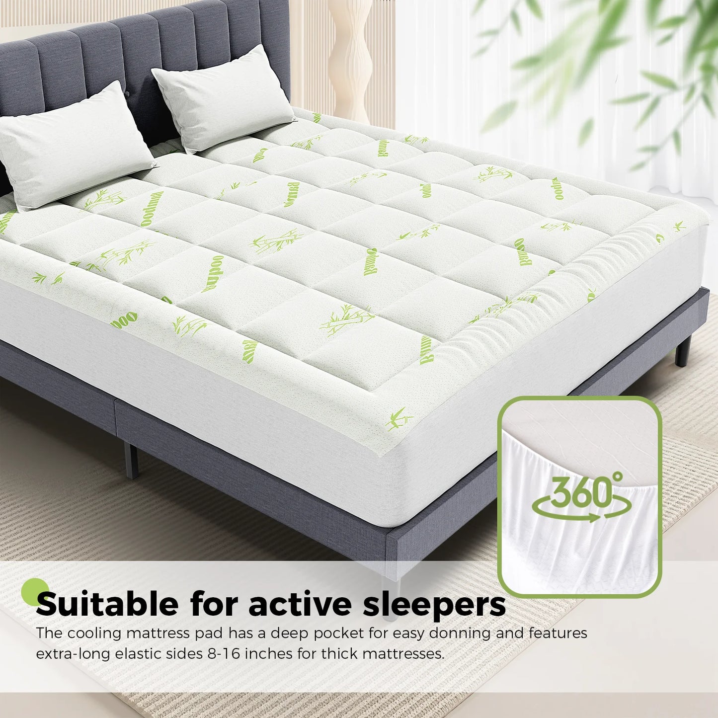 JHK Bamboo Fiber Mattress Topper With Deep Pockets Non Slip Secure Fit For Comfort Sleep-A