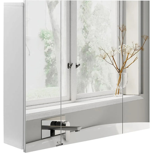 Wall Mounted Bathroom Medicine Cabinet With Mirror And 3 Doors Adjustable Shelves