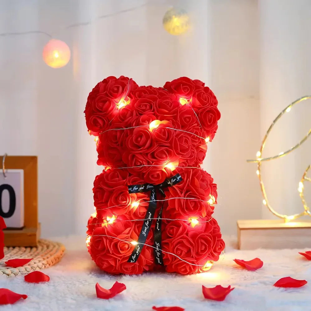 Artificial Teddy Rose Flower Bear With Box Eternal Rose Valentines Day Gift For Girlfriend-A
