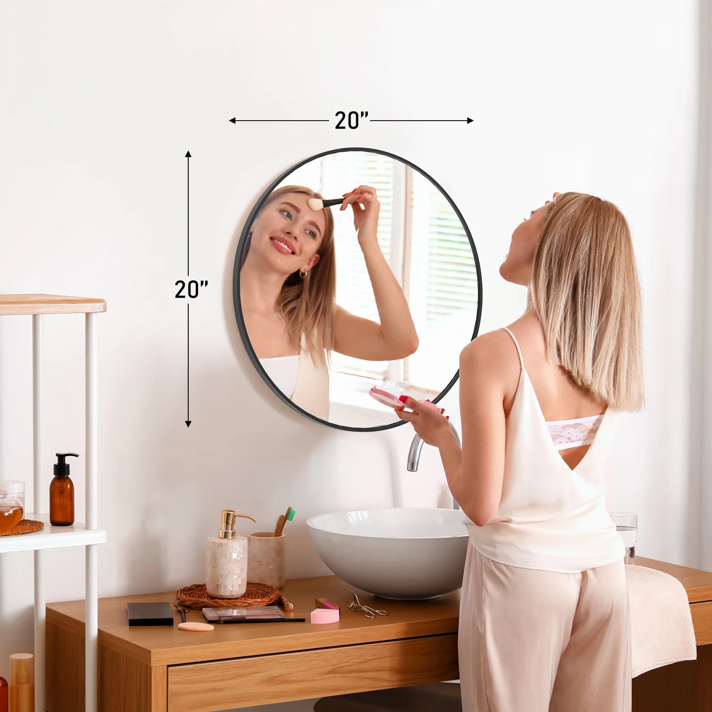 JHK Round Vanity Mirror With Matte Metal Frame Distortion Free Reflection Silver Plated Glass For Makeup And Grooming-A