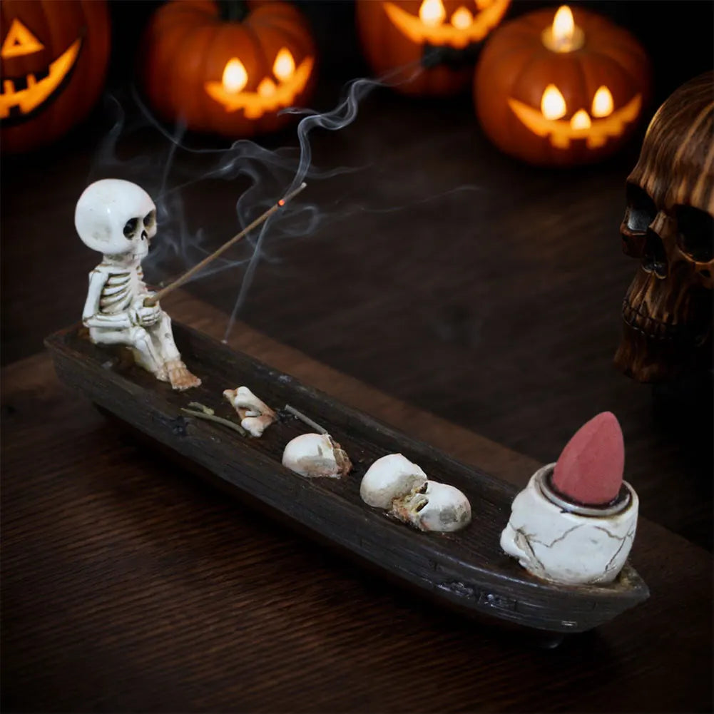 Alloet Skull Boat Incense Holder Gothic Resin Skeleton Stand