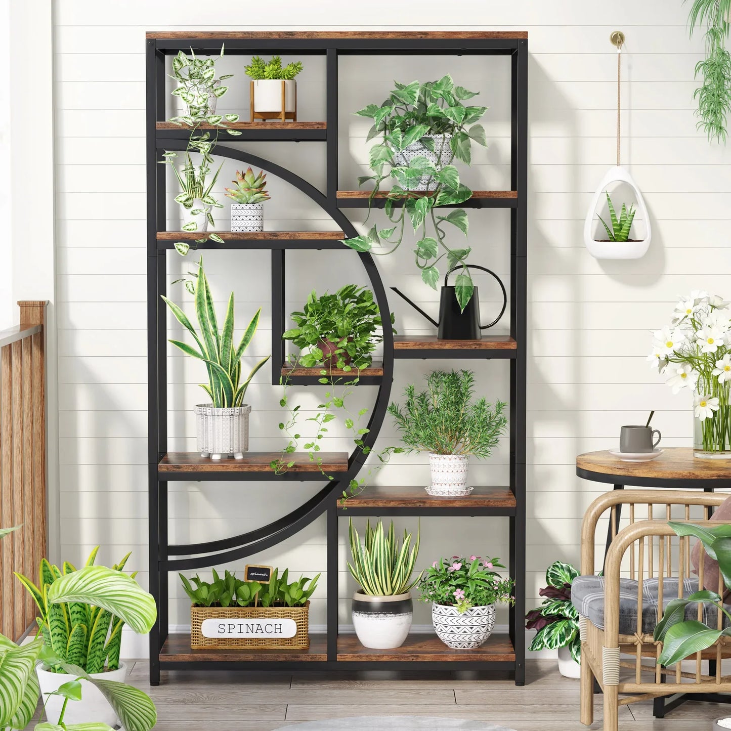 Tribesigns Industrial 5 Tier Etagere Bookcase Freestanding Shelf Black Iron Rustic Wood-A