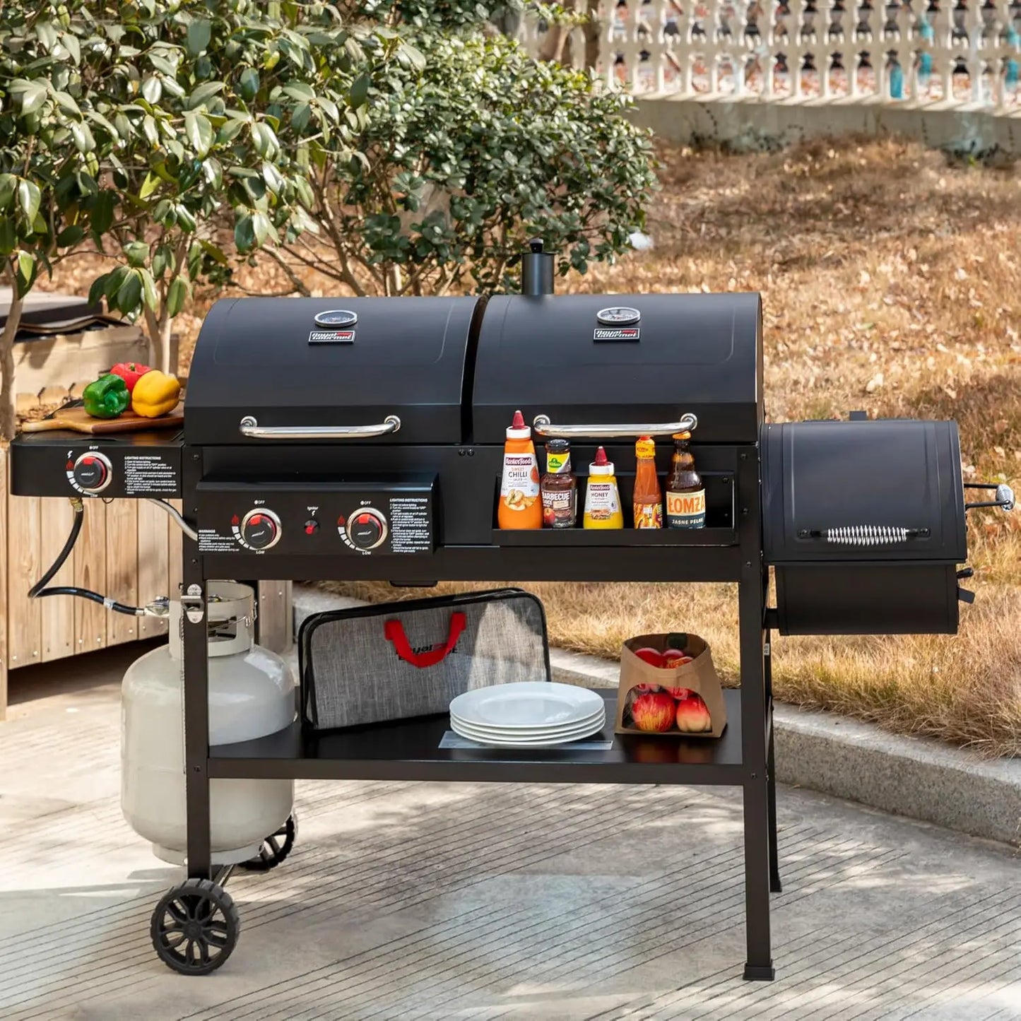 ZH3005Y SC Dual Fuel Grill Charcoal And Gas With Offset Smoker And Side Burner System-A
