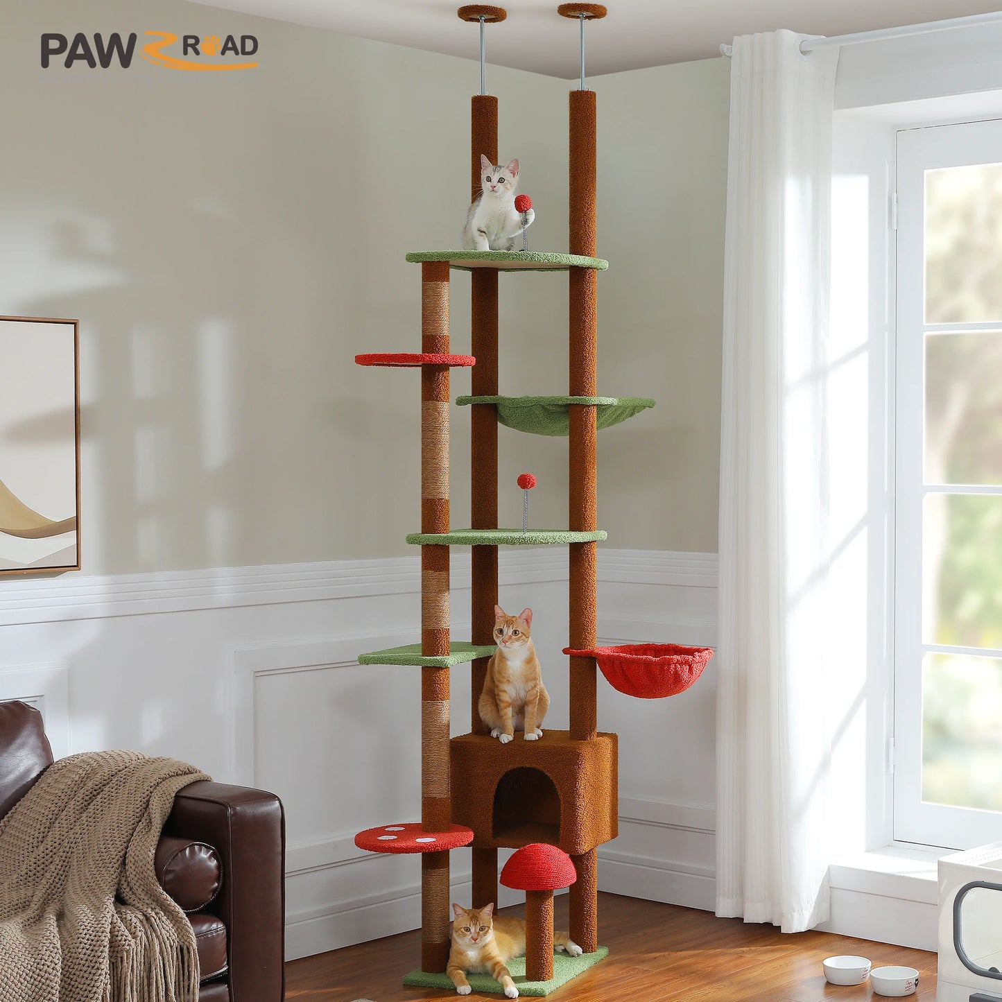 PAWZ Road Height Adjustable Wooden Cat Tree With Large Hammock For Indoor Cats And Multi Level Climbing-A