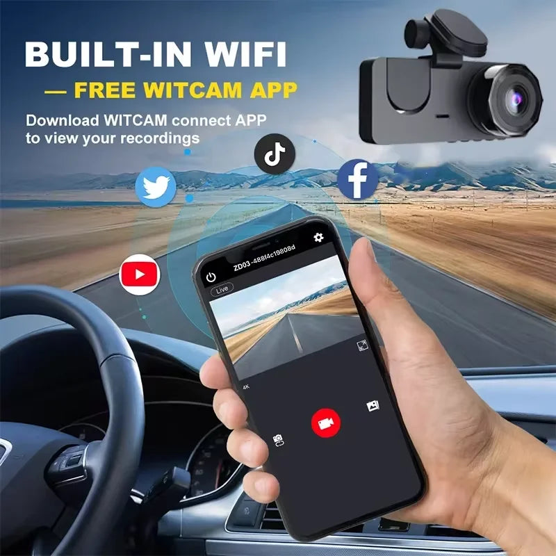 CZSKY 4K Dash Cam Car DVR Triple Channel Front Interior Rear Night Vision With Wide Angle Coverage And Loop Recording-A