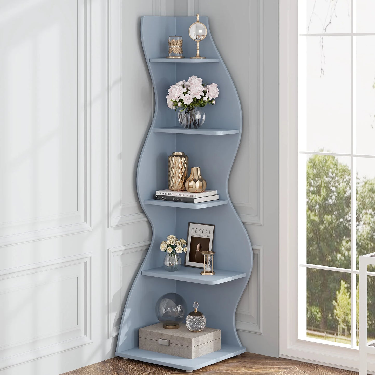 Tribesigns 5 Tier Corner Shelf Wall Organizer Bookcase Plant Stand White Finish Minimalist Modern Space Saver-A