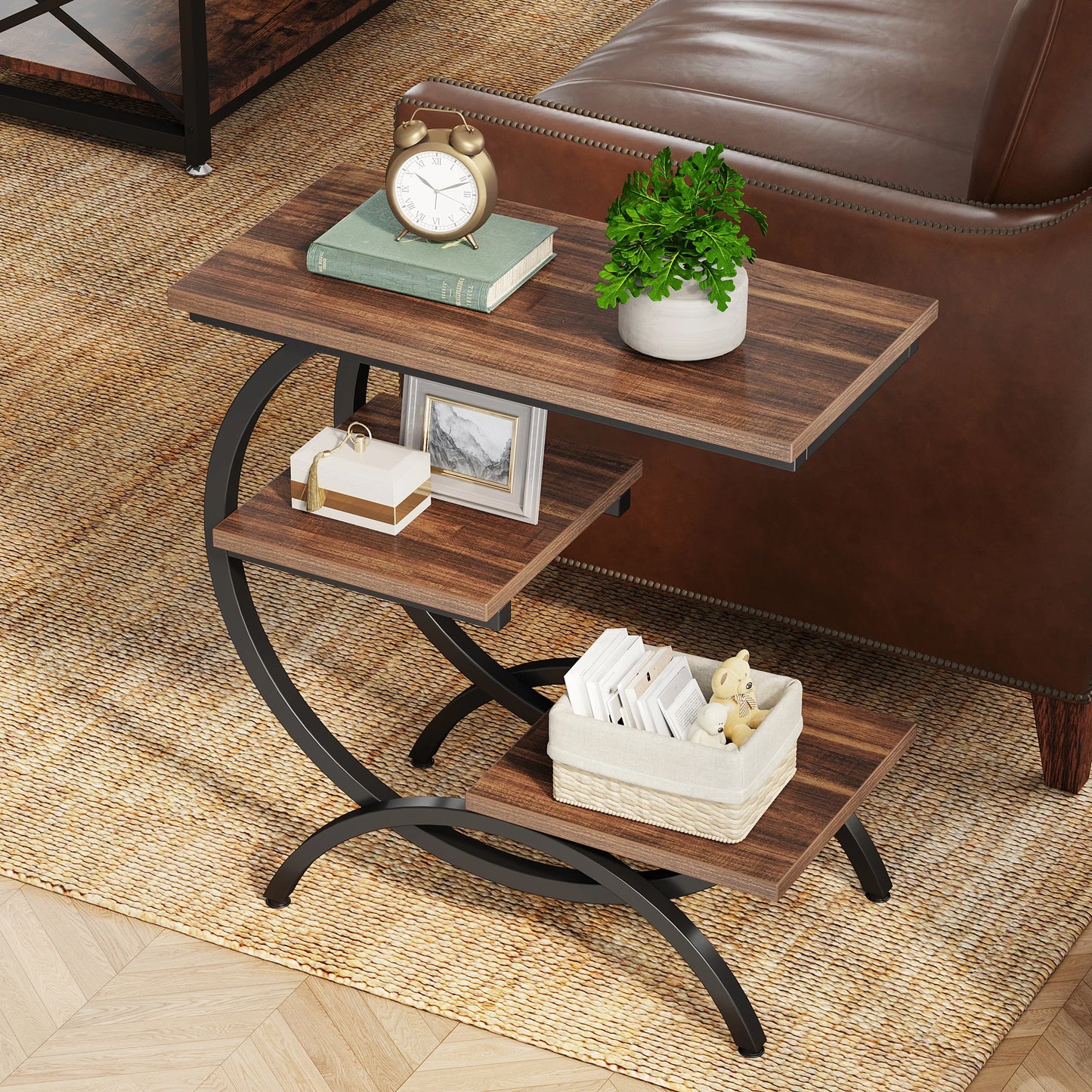 Tribesigns C Shaped End Table With 3 Tier Storage Shelves Rustic Brown Tabletop And Matte Black Metal Frame-A