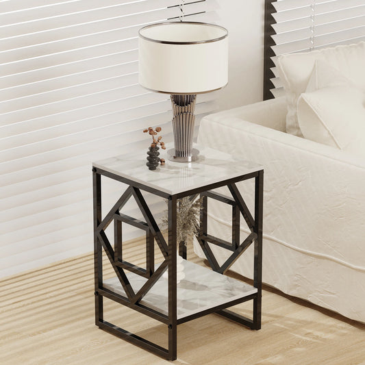 Marble Top Side Table With Square Metal Frame Two Tier Open Shelves End Table For Living Room Nordic Modern-A