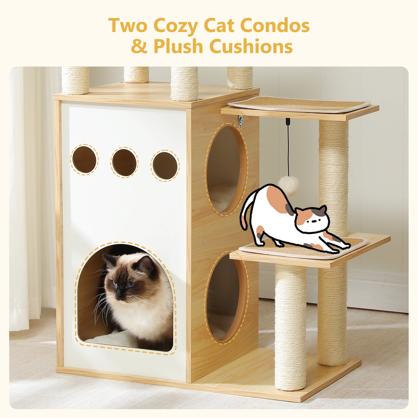 PETEPELA Modern Wooden Cat Tree Tower With Condo And Four Tiers Scratching Posts For Climbing And Lounging-A