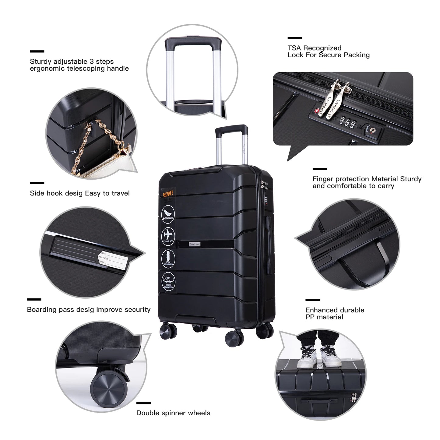 Travelhouse 3 Piece Hardshell Spinner Luggage Set with TSA Lock Durable Lightweight Suitcases for Carry On and Checked-A
