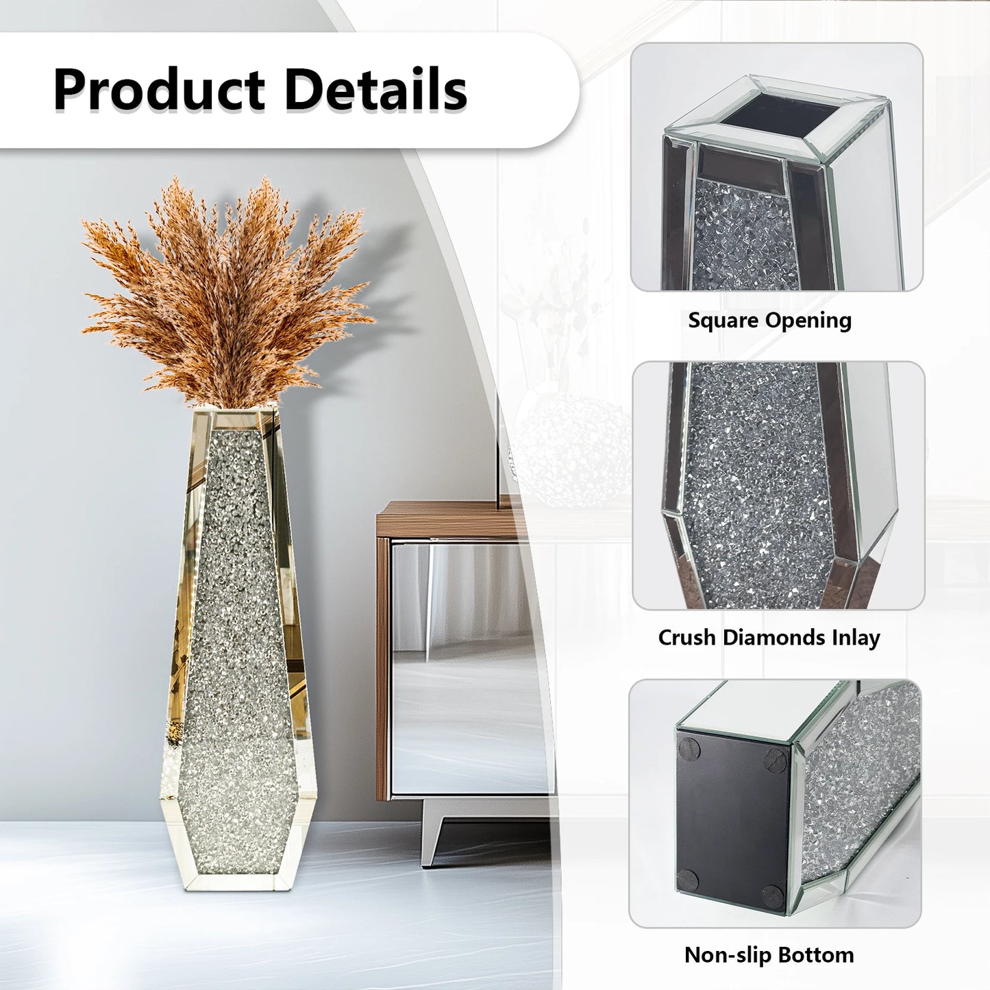 Crushed Diamond Mirrored Floor Vase For Pampas Grass Centerpiece Sparkle Glass Decor-A