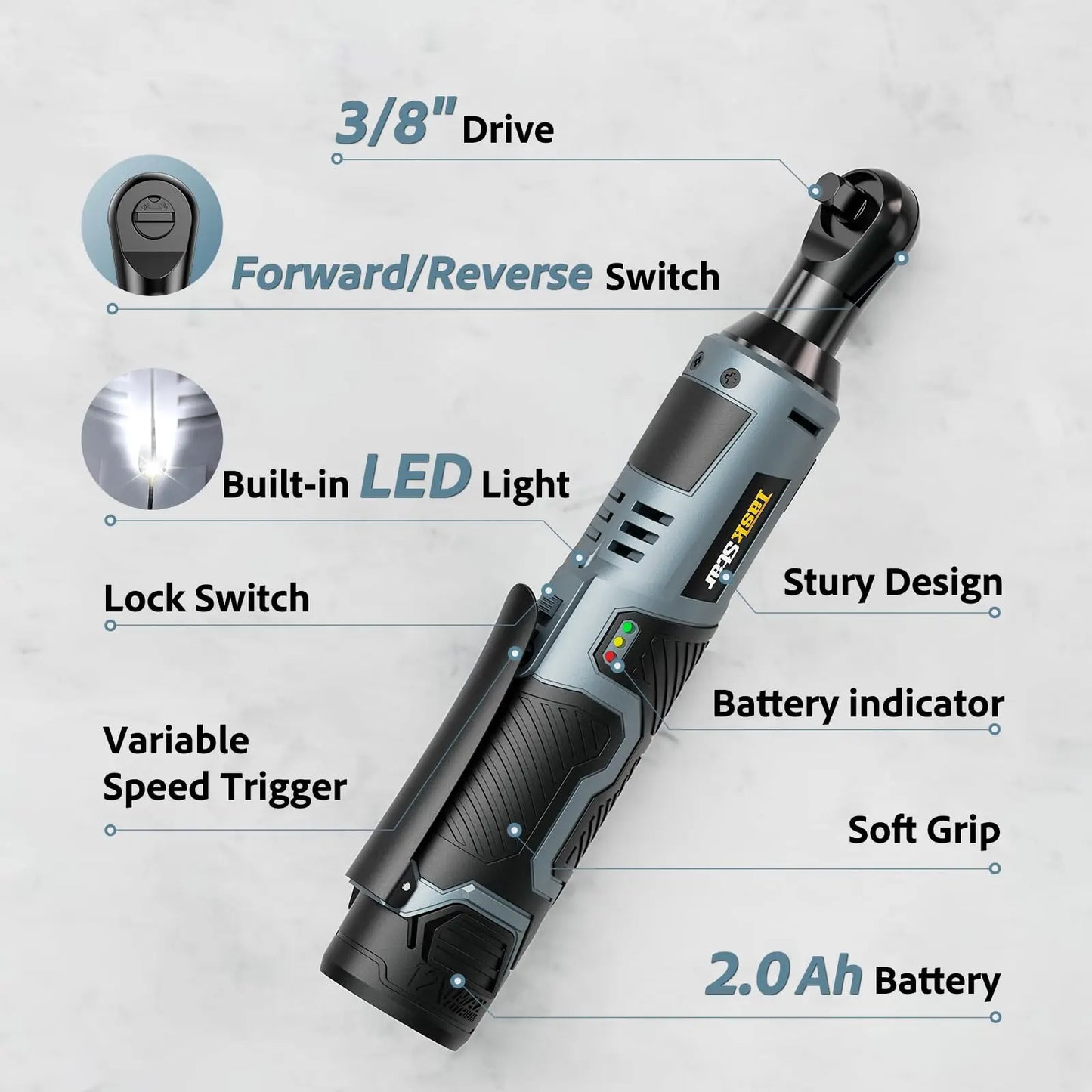 TaskStar 12V Cordless Ratchet Wrench Kit 200 RPM 40 Nm Brushless Motor for Home and Shop Bolt Tightening and Removal-A