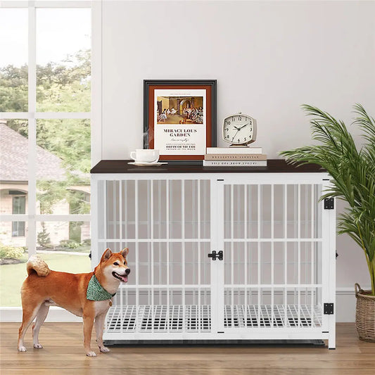 Bingopaw Heavy Duty Dog Kennel End Table Crate With Three Doors Built From Iron And MDF With Wood Tone Top-A