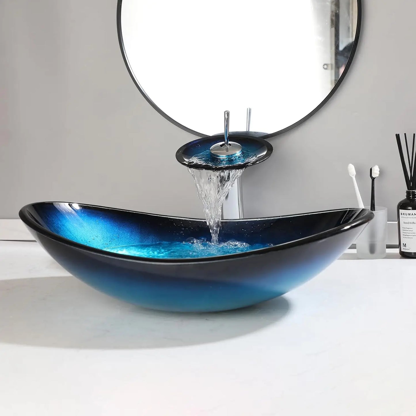 Blue Hand Painted Tempered Glass Oval Vessel Sink With Chrome Waterfall Faucet 21.6 Inch Long 14 Inch Wide-A
