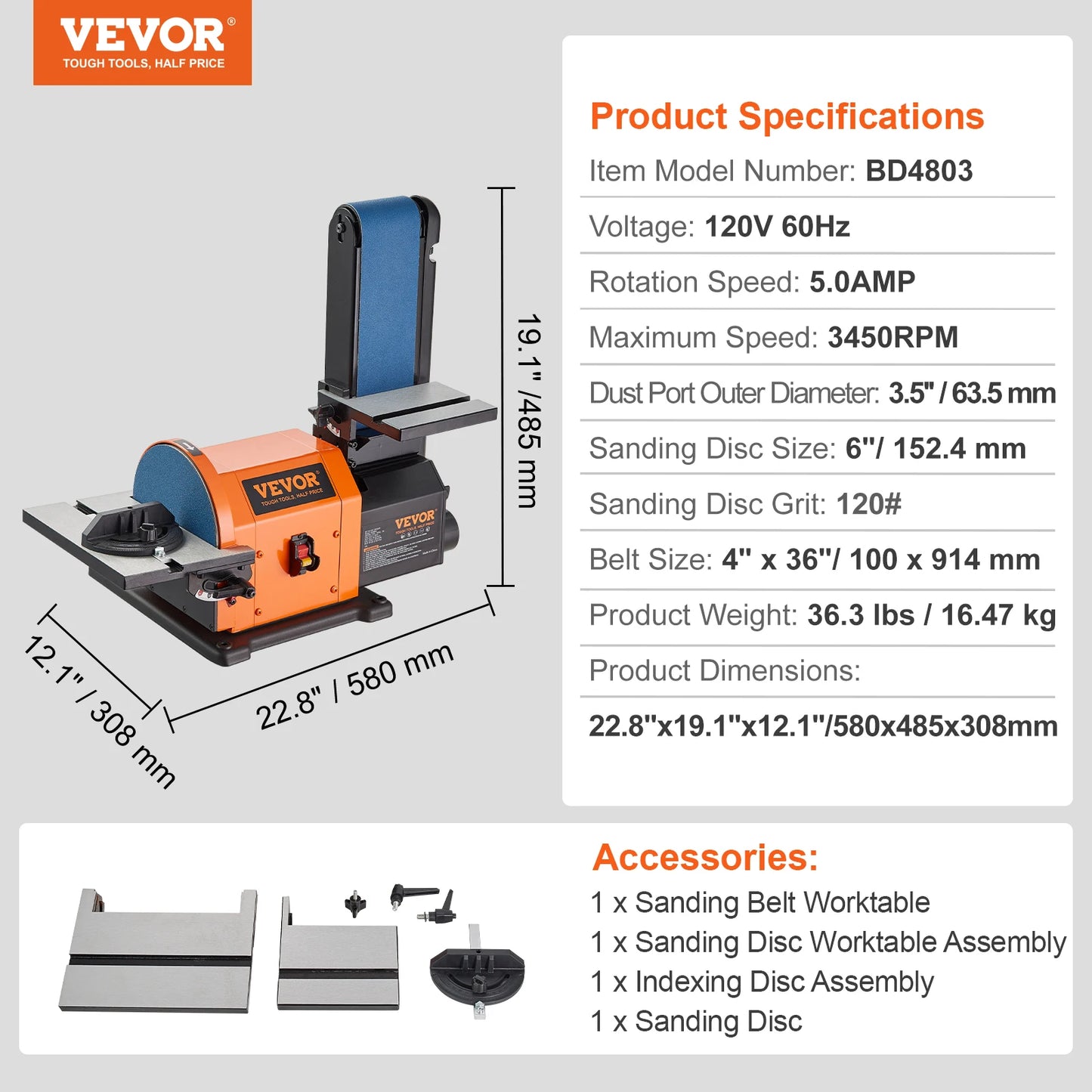 SucceBuy Belt Disc Sander Combo With Induction Motors 3450 RPM For Woodworking And Metal Finishing-A