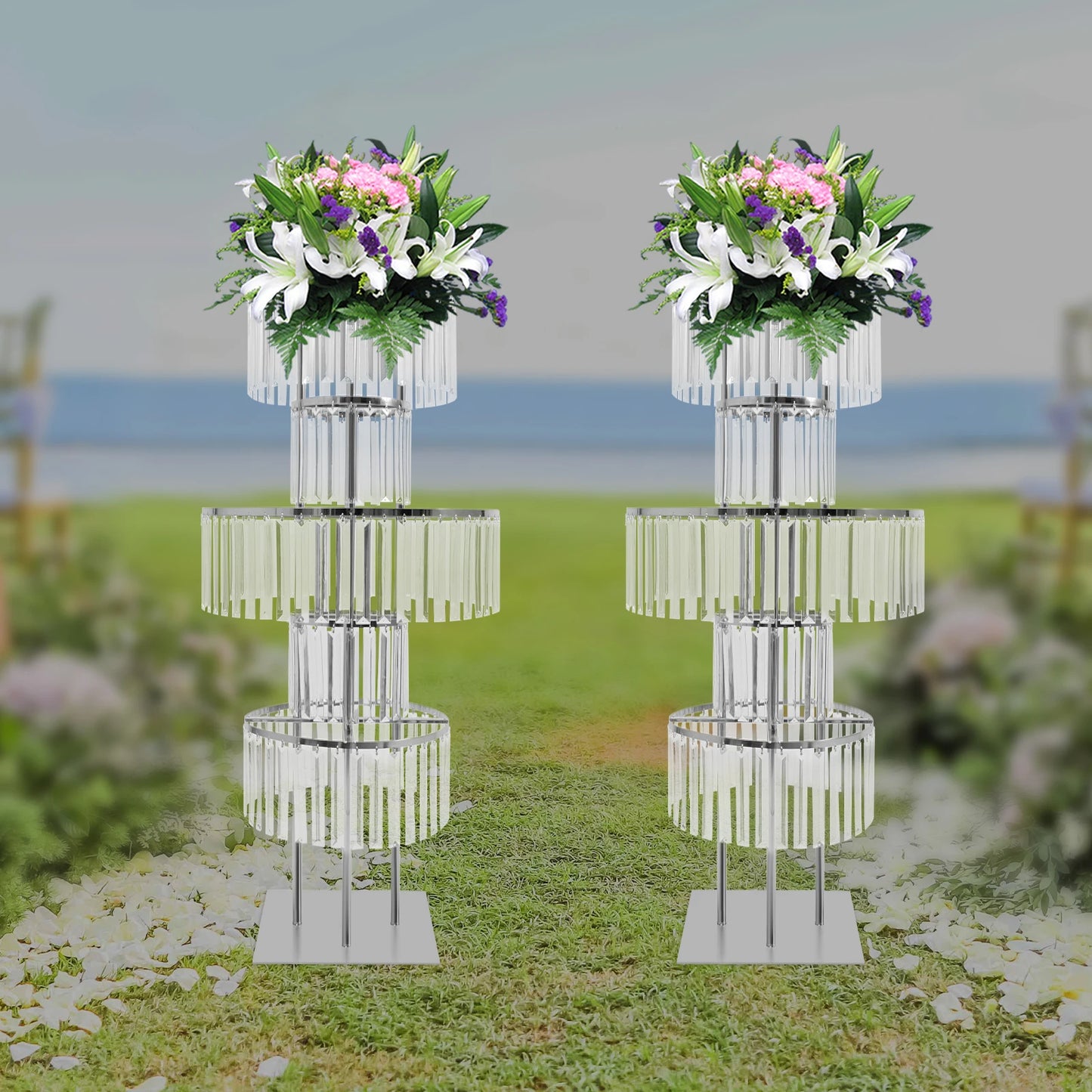 NONECN Five Tier Crystal Flower Stand Wedding Centerpiece Iron and Acrylic Electroplated Finish Rust Resistant-A