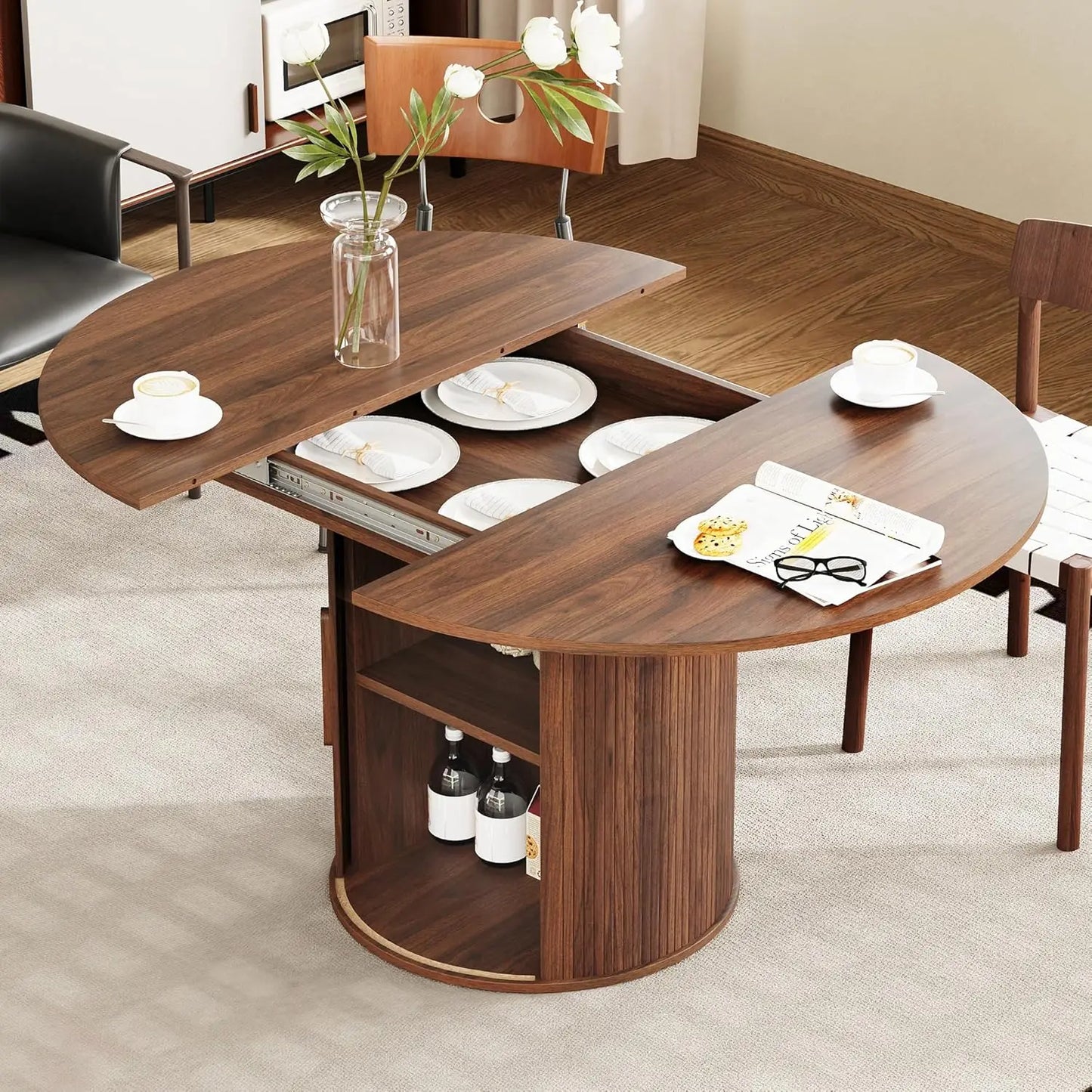 Extendable Round To Oval Dining Table With Hidden Storage Cabinet For Four To Six Guests Space Saving Modern Wood-A