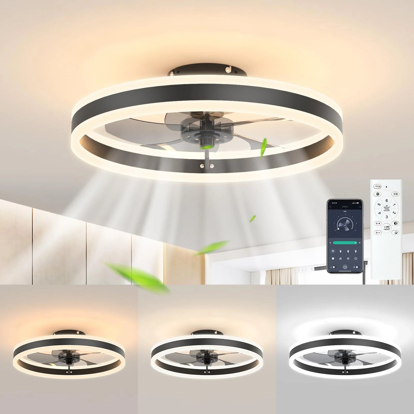 Iralan Ceiling Fan With Lamp Remote Dimming Six Speed LED Light Kit With Summer Winter Mode-A