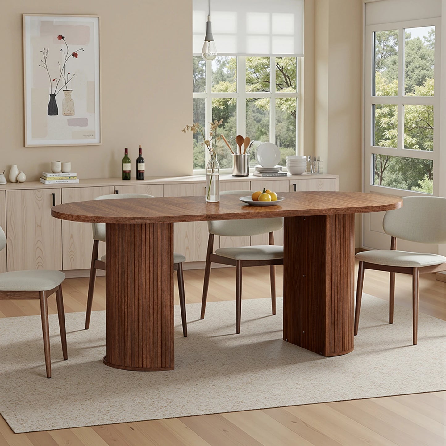 Walnut Finish Solid Wood Oval Dining Table With Semi Cylindrical Legs For Countryside Charm And Elegant Dining Room-A