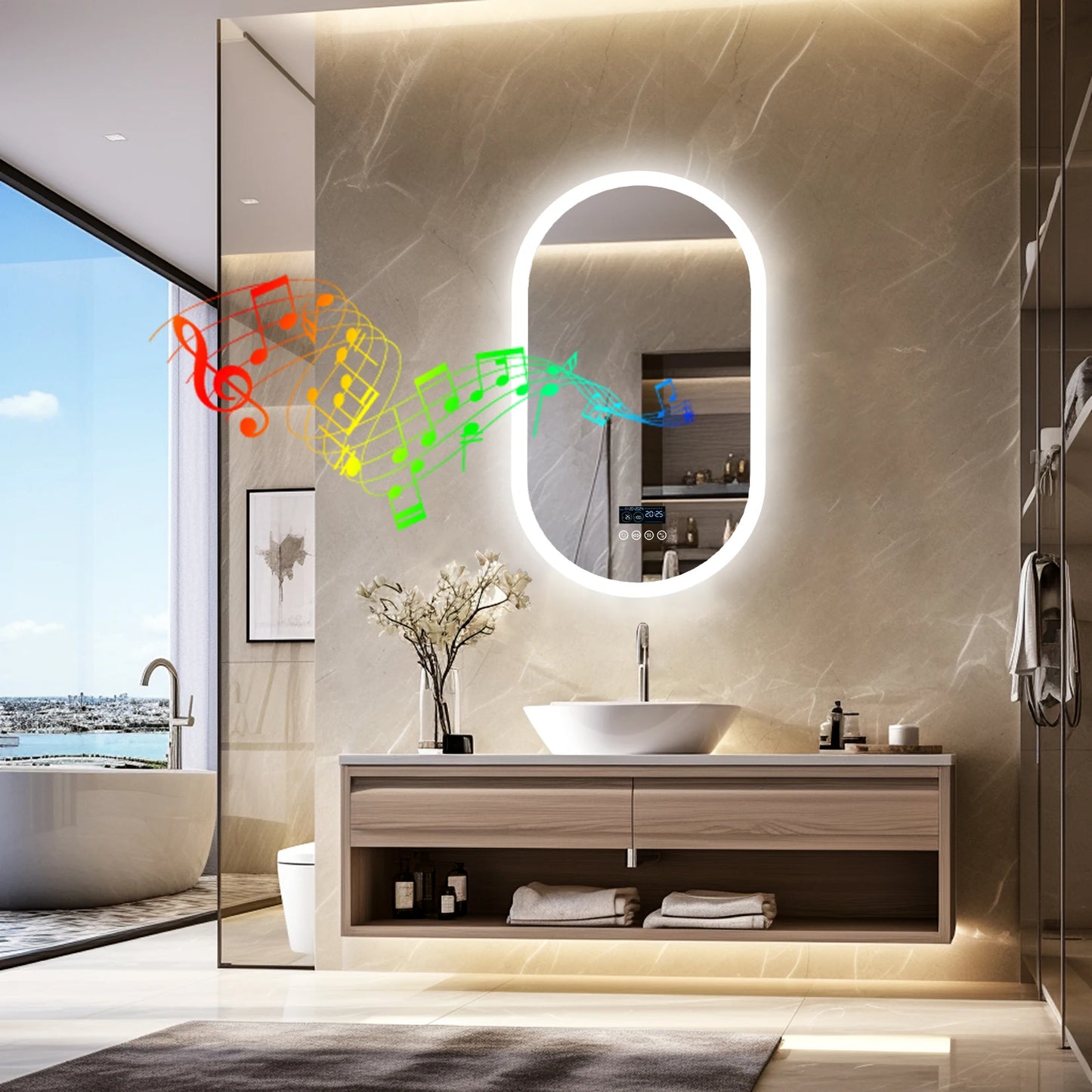 Oval LED Bathroom Mirror With Lights Anti Fog Bluetooth Speaker Dimmable 3 Color Temperature Levels Aluminum Frame-A