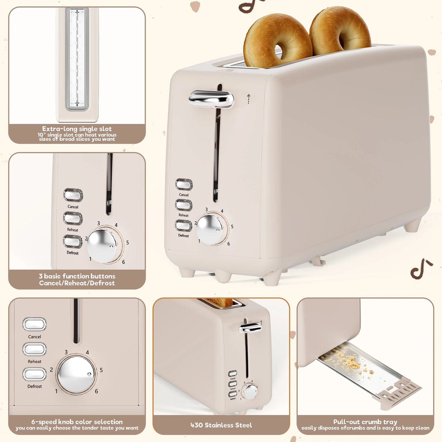 YUKOOL Stainless Steel Toaster With Long Slot Defrost Cancel Extra Long 10 Inch Slot-A