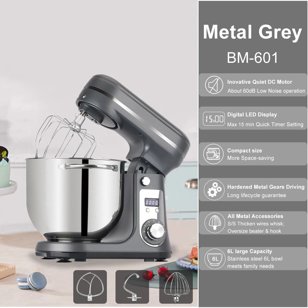 Biolomix Professional 6L Stand Mixer 1200W Copper DC Motor With 6 Speeds And Pulse-A