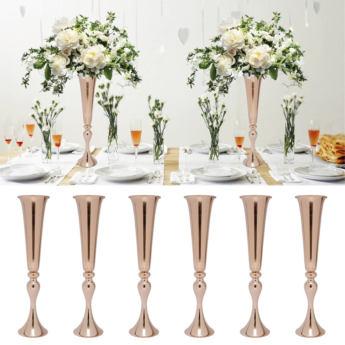 Six Piece Gold Trumpet Vase Set For Wedding Centerpieces Table Decor And Candle Holders-A